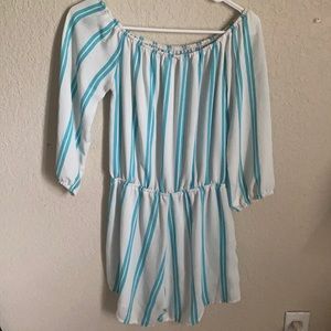 Teal and White Stipe Off the shoulder Romper
